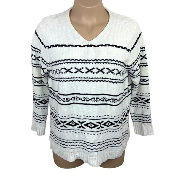 XL Vintage White Stag White And Black Geometric Print 90s Sweater V Neck Stretch - Picture 1 of 8